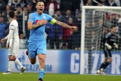 Napoli's captain Marek Hamsik celebrates after scoring against Besiktas during a Champions League group B soccer match, in Istanbul, Tuesday, Nov. 1, 2016. (AP Photo)
