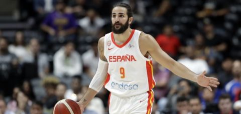 Spain's Ricky Rubio dribbles against the United States during the first half of an exhibition basketball game Friday, Aug. 16, 2019, in Anaheim, Calif. (AP Photo/Marcio Jose Sanchez)