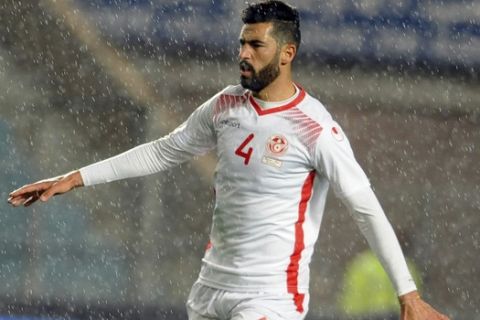 Tunisia's Yessine Meriah is pictured during a friendly soccer match between Tunisia and Iran in Tunis, Friday March 23, 2018. (AP Photo/Hassene Dridi)