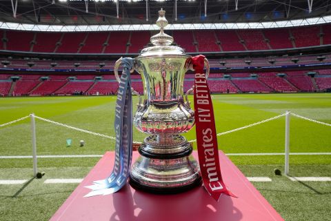 The FA Cup trophy is seen before the English FA Cup final soccer match between Manchester City and Manchester United at Wembley Stadium in London, Saturday, June 3, 2023.(AP Photo/Jon Super)