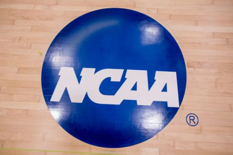 The new NCAA logo that was painted on the Concordia University basketball court in Irvine on Friday, May 19, 2017. The university will become the only NCAA Division II school in Orange County when their membership becomes official in July.(Photo by Paul Rodriguez, Orange County Register/SCNG)