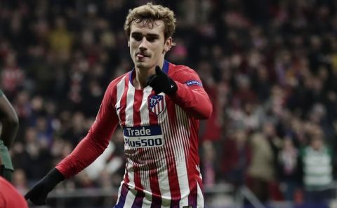Atletico forward Antoine Griezmann after scoring his side's second goal during a Group A Champions League soccer match between Atletico Madrid and Monaco at the Metropolitano stadium in Madrid, Wednesday, Nov. 28, 2018. (AP Photo/Manu Fernandez)