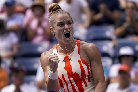 Maria Sakkari, of Greece, reacts after winning a set against Wang Xiyu, of China, during the second round of the US Open tennis championships, Wednesday, Aug. 31, 2022, in New York. (AP Photo/John Minchillo)