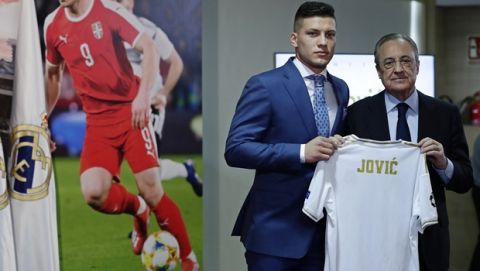 Serbia forward Luka Jovic, left, holds his new shirt with Real Madrid's President Florentino Perez during his official presentation after signing for Real Madrid at the Santiago Bernabeu stadium in Madrid, Spain, Wednesday, June 12, 2019. The 21-year-old Jovic, who scored 17 goals in 32 Bundesliga games for Eintracht Frankfurt last season, agreed to a six-year deal with Madrid. (AP Photo/Manu Fernandez)