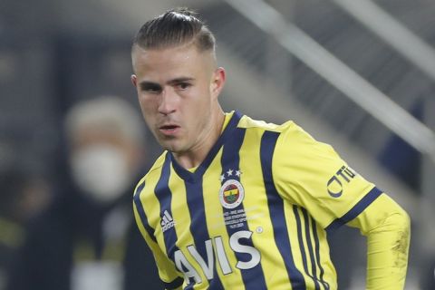 Fenerbahce's Dimitris Pelkas of Greece during a Turkish Super League soccer match between Fenerbahce and Ankaragucu in Istanbul, Monday, Jan. 18, 2021. (AP Photo)
