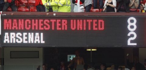 The scoreboard is seen after the English Premier League soccer match between Manchester United and Arsenal at Old Trafford in Manchester, northern England, August 28, 2011.   REUTERS/Darren Staples   (BRITAIN - Tags: SPORT SOCCER) FOR EDITORIAL USE ONLY. NOT FOR SALE FOR MARKETING OR ADVERTISING CAMPAIGNS. NO USE WITH UNAUTHORIZED AUDIO, VIDEO, DATA, FIXTURE LISTS, CLUB/LEAGUE LOGOS OR "LIVE" SERVICES. ONLINE IN-MATCH USE LIMITED TO 45 IMAGES, NO VIDEO EMULATION. NO USE IN BETTING, GAMES OR SINGLE CLUB/LEAGUE/PLAYER PUBLICATIONS - RTR2QGF6