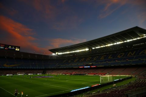 FILE - In this April 5, 2021 file photo, a general view of the the Camp Nou stadium as the sun sets ahead of the Spanish La Liga soccer match between FC Barcelona and Valladolid CF in Barcelona, Spain. Beyond being able to court and train up some of the worlds top soccer talent, Barcelona has also based its success on a strong home advantage thanks to Europes largest soccer stadium. That will be different this season, when the team plays at a smaller, less accessible stadium while its 99,000-seat Camp Nou undergoes a complete facelift. (AP Photo/Joan Monfort, File)