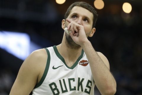 Milwaukee Bucks' Nikola Mirotic during the second half of Game 1 of an NBA basketball first-round playoff series against the Detroit Pistons Sunday, April 14, 2019, in Milwaukee. The Bucks won 121-86 (AP Photo/Aaron Gash)