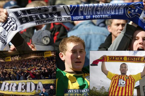 A West Bromwich Albion fan holds up a commemorative West Brom v Portsmouth FA Cup Semi Final scarf before the game