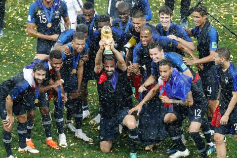 France's soccer team celebrates after winning the final match between France and Croatia at the 2018 soccer World Cup in the Luzhniki Stadium in Moscow, Russia, Sunday, July 15, 2018. (AP Photo/Frank Augstein)