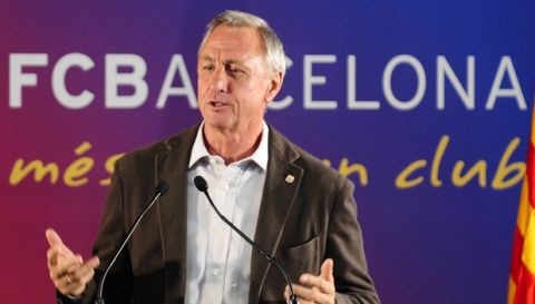 Former Netherlands international Johan Cruyff speaks after been appointed Barcelona's Honorary President at the Camp Nou stadium in Barcelona, Spain, Thursday, April 8, 2010. (AP Photo/Manu Fernandez)