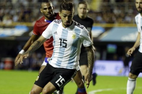Argentina's Manuel Lanzini controls the ball during a friendly soccer match between Argentina and Haiti in Buenos Aires, Argentina, Tuesday, May 29, 2018. (AP Photo/Victor R. Caivano)