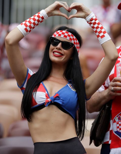 A fan gestures before the final match between France and Croatia at the 2018 soccer World Cup in the Luzhniki Stadium in Moscow, Russia, Sunday, July 15, 2018. (AP Photo/Matthias Schrader)