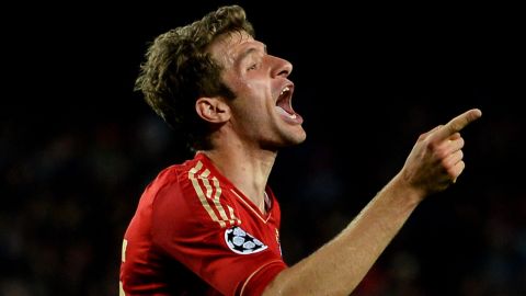 BARCELONA, SPAIN - MAY 01:  Thomas Muller of Munich celebrates after scoring his team's third goal during the UEFA Champions League semi final second leg match between Barcelona and FC Bayern Muenchen at Nou Camp on May 1, 2013 in Barcelona, Spain.  (Photo by Lars Baron/Bongarts/Getty Images)