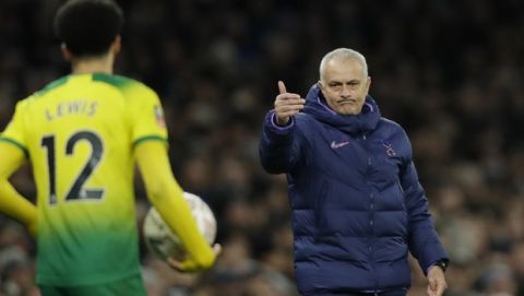 Tottenham's manager Jose Mourinho gestures during the English FA Cup fifth round soccer match between Tottenham Hotspur and Norwich City at Tottenham Hotspur stadium in London Wednesday, March 4, 2020. (AP Photo/Kirsty Wigglesworth)