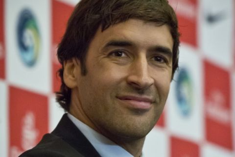 Former Spanish national soccer team captain and former Real Madrid star Raul Gonzalez Blanco listens during a press conference, where he is introduced as the newest member of the New York Cosmos, Tuesday Dec. 9, 2014 in New York.  (AP Photo/Bebeto Matthews)