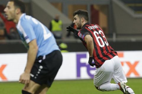 AC Milan's Patrick Cutrone celebrates after scoring his team's first goal during the Europa League soccer match between AC Milan and F-91 Dudelange at the San Siro Stadium, in Milan, Italy, Thursday, Nov. 29, 2018. (AP Photo/Luca Bruno)