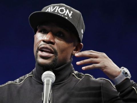 Floyd Mayweather Jr. speaks at a news conference after a super welterweight boxing match against Conor McGregor, Sunday, Aug. 27, 2017, in Las Vegas. (AP Photo/Isaac Brekken)