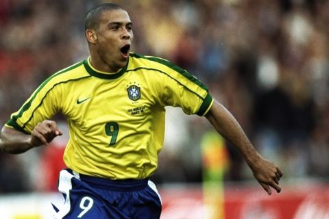 16 Jun 1998:  Ronaldo of Brazil celebrates after scoring in the World Cup group A game against Morocco at the Stade de la Beaujoire in Nantes, France. Brazil won 3-0. \ Mandatory Credit: Clive Brunskill /Allsport