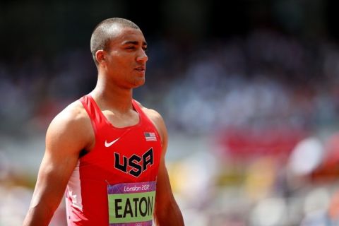 LONDON, ENGLAND - AUGUST 09:  Ashton Eaton of the United States looks on during the Men's Decathlon Pole Vault on Day 13 of the London 2012 Olympic Games at Olympic Stadium on August 9, 2012 in London, England.  (Photo by Feng Li/Getty Images)