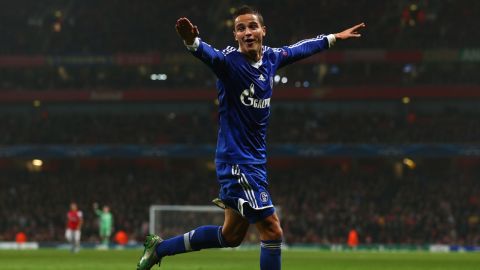 LONDON, ENGLAND - OCTOBER 24:  Ibrahim Afellay of Schalke 04 celebrates scoring their second goal during the UEFA Champions League Group B match between Arsenal and FC Schalke at the Emirates Stadium on October 24, 2012 in London, England.  (Photo by Clive Rose/Bongarts/Getty Images)