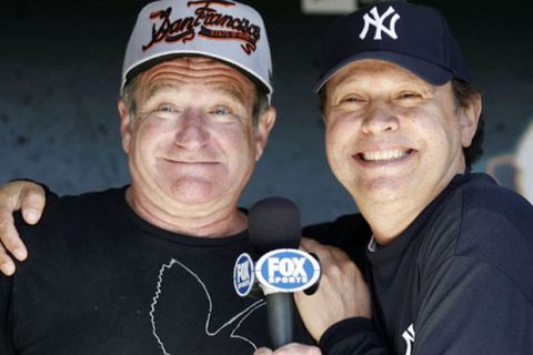 SAN FRANCISCO - JUNE 23: Billy Crystal (right) and Robin Williams announce the opening lineups for the Fox telecast before the San Francisco Giants and New York Yankees game at AT&T Park June 23, 2007 in San Francisco, California. (Photo by Greg Trott/Getty Images) 