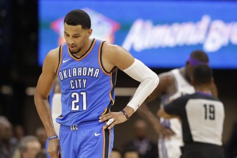 Oklahoma City Thunder guard Andre Roberson walks down court during the final minutes of an NBA basketball game against the Sacramento Kings, Tuesday, Nov. 7, 2017, in Sacramento, Calif. The Kings won 94-86. (AP Photo/Rich Pedroncelli)