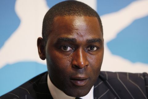 Former Manchester United and England striker Andy Cole poses at the news conference in Hong Kong Tuesday, April 13, 2010. Cole will lead the All-Star team to compete at the International Soccer Sevens tournament which will be held in Hong Kong in May.  (AP Photo/Kin Cheung)