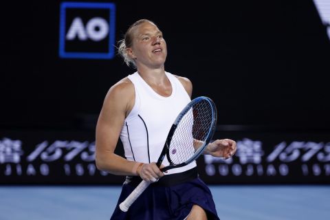 Kaia Kanepi of Estonia reacts after defeating Aryna Sabalenka of Belarus in their fourth round match at the Australian Open tennis championships in Melbourne, Australia, early Tuesday, Jan. 25, 2022.