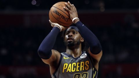 Indiana Pacers' Wesley Matthews during an NBA basketball game Tuesday, March 19, 2019, in Los Angeles. (AP Photo/Marcio Jose Sanchez)