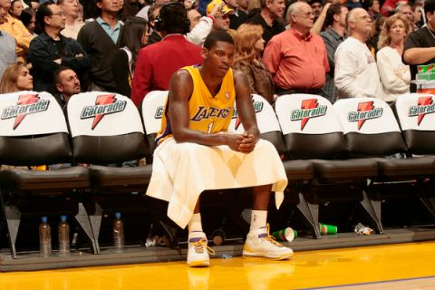 LOS ANGELES, CA - JANUARY 26: Smush Parker #1 of the Los Angeles Lakers sits on the bench after fouling out on the way to a loss against the Charlotte Bobcats on January 26, 2007 at Staples Center in Los Angeles, California.  NOTE TO USER: User expressly acknowledges and agrees that, by downloading and/or using this Photograph, user is consenting to the terms and conditions of the Getty Images License Agreement. Mandatory Copyright Notice: Copyright 2007 NBAE (Photo by Jeffrey Bottari/NBAE via Getty Images) *** Local Caption *** Smush Parker