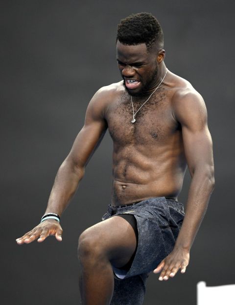 United States' Frances Tiafoe celebrates after defeating Italy's Andreas Seppi during their third round match at the Australian Open tennis championships in Melbourne, Australia, Friday, Jan. 18, 2019. (AP Photo/Andy Brownbill)