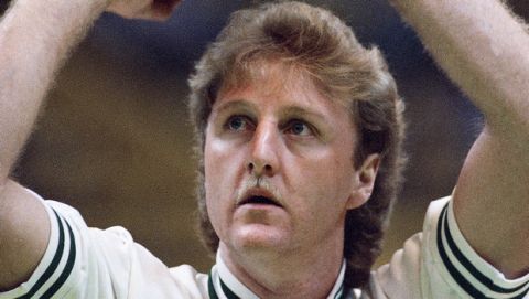 Larry Bird of the Boston Celtics, in Boston at night, Wednesday, Jan. 15, 1987 during warm-ups prior to NBA game against Dallas, was named on Thursday as The Associated Press Male Athlete of the Year. (AP Photo/Paul Benoit)