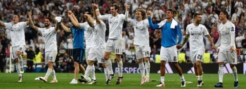 "Real Madrid players celebrate their victory at the end of the UEFA Champions League semi-final second leg football match Real Madrid CF vs Manchester City FC at the Santiago Bernabeu stadium in Madrid, on May 4, 2016..Real Madrid won 1-0. / AFP / GERARD JULIEN        (Photo credit should read GERARD JULIEN/AFP/Getty Images)"