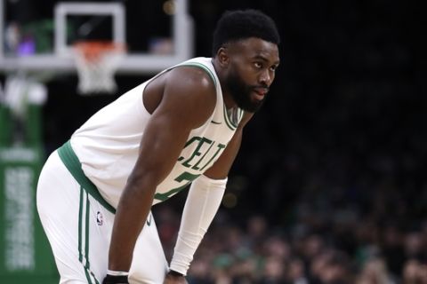 Boston Celtics guard Jaylen Brown during the second half of an NBA basketball game in Boston, Wednesday, Jan. 9, 2019. The Celtics defeated the Pacers 135-108. (AP Photo/Charles Krupa)