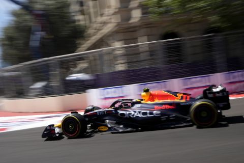 Red Bull driver Sergio Perez of Mexico steers his car during the sprint shootout event at the Baku circuit in Baku, Azerbaijan, Saturday, April 29, 2023. The Formula One Grand Prix will be held on Sunday April 30, 2023. (AP Photo/Sergei Grits)