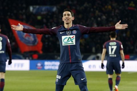 PSG's Angel Di Maria celebrates after scoring his side's opening goal during the French Cup soccer match between Paris Saint-Germain and Marseille at the Parc des Princes Stadium, in Paris, France, Wednesday, Feb. 28, 2018. (AP Photo/Thibault Camus)