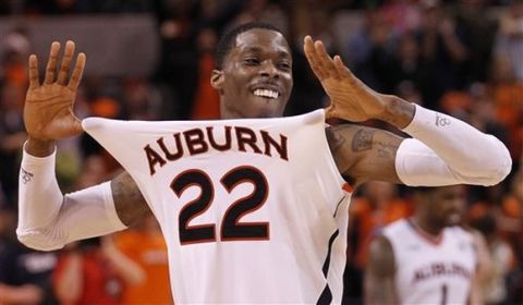 Auburn forward Kenny Gabriel (22) reacts at the end of their NCAA college basketball game against Mississippi State at the Auburn Arena in Auburn, Ala., Saturday, Feb. 18, 2012. Auburn won 65-55. (AP Photo/Dave Martin)
