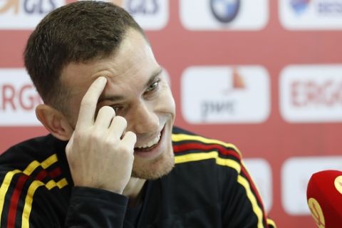 Belgium's Thomas Vermaelen smiles as he answers journalists during a press conference at the 2018 soccer World Cup in Dedovsk, Russia, Sunday, July 8, 2018. (AP Photo/David Vincent)