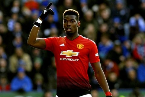 Manchester United's Paul Pogba during the English Premier League soccer match between Leicester City and Manchester United at the King Power Stadium in Leicester, England, Sunday, Feb 3, 2019. (AP Photo/Rui Vieira)