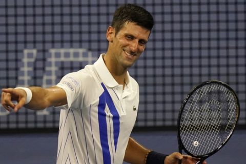 Novak Djokovic, of Serbia, reacts to winning his match over Ricardas Berankis, of Lithuania, during the second round at the Western & Southern Open tennis tournament Monday, Aug. 24, 2020, in New York. (AP Photo/Frank Franklin II)