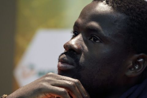 Ivory Coast's Emmanuel Eboue talks to reporters, during a media conference in Vanderbijlpark, South Africa, Friday, June 18, 2010. Ivory Coast plays in Group G. (AP Photo/Yves Logghe)