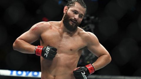Nov 2, 2019; New York, NY, USA;  Jorge Masvidal (red gloves) reacts during his fight against Nate Diaz (blue gloves) during UFC 244 at Madison Square Garden. Mandatory Credit: Sarah Stier-USA TODAY Sports