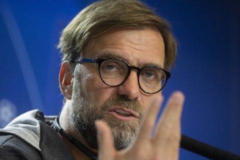 Liverpool's manager Jurgen Klopp speaks during a press conference at the Wanda Metropolitano stadium in Madrid, Spain, Monday Feb. 17, 2020. Atletico Madrid and Liverpool will meet Tuesday in a 1st leg, Round of 16 Champions League match. (AP Photo/Paul White)