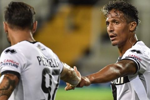 Bruno Alves, right, and Giuseppe Pezzella of Parma during an Italian Series A soccer match between Parma and Inter Milan at the Ennio Tardini stadium in Parma, Italy, Sunday, June 28, 2020.(Marco Alpozzi/LaPresse via AP)