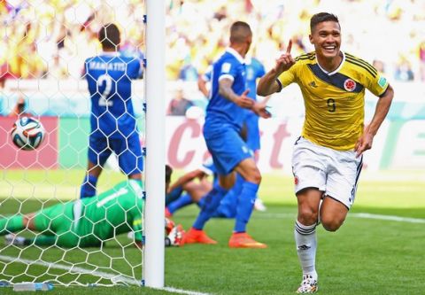 BELO HORIZONTE, BRAZIL - JUNE 14: Teofilo Gutierrez of Colombia celebrates after scoring his teams second goal during the 2014 FIFA World Cup Brazil Group C match between Colombia and Greece at Estadio Mineirao on June 14, 2014 in Belo Horizonte, Brazil.  (Photo by Paul Gilham/Getty Images)