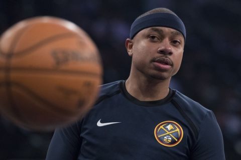 Denver Nuggets guard Isaiah Thomas warms up before the start of an NBA basketball game against the New York Knicks, Friday, March 22, 2019, at Madison Square Garden in New York. (AP Photo/Mary Altaffer)