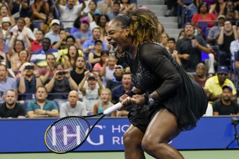 Serena Williams, of the United States, reacts during the first round of the US Open tennis championships against Danka Kovinic, of Montenegro, Monday, Aug. 29, 2022, in New York. (AP Photo/John Minchillo)