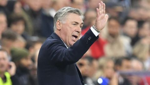 Napoli's head coach Carlo Ancelotti gestures during the Champions League Group E soccer match between FC Red Bull Salzburg and Napoli in Salzburg, Austria, Wednesday, Oct. 23, 2019. (AP Photo/Kerstin Joensson)