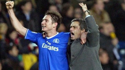 Chelsea's Frank Lampard, left, with manager Jose Mourinho after Chelsea played Barcelona  in the UEFA Champions League First knock out round of the second leg, Tuesday March 8, 2005 at London's Stamford Bridge football ground, England. Chelsea go through to the quarter finals with their 4-2 win.(AP Photo/Dave Caulkin)